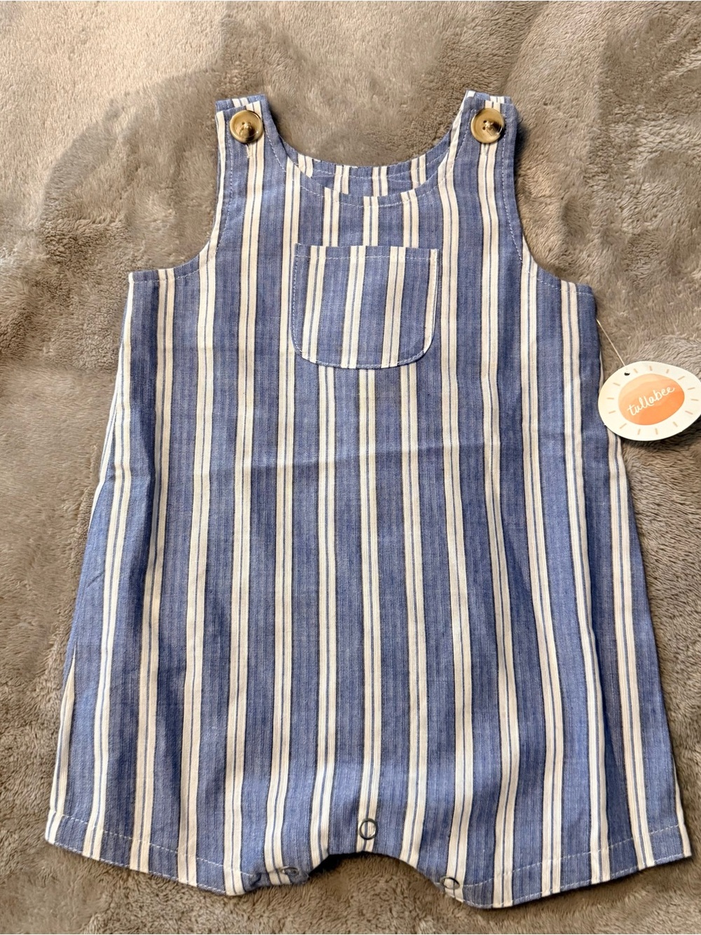 Blue & White Striped Kids Romper with Wooden Button Straps